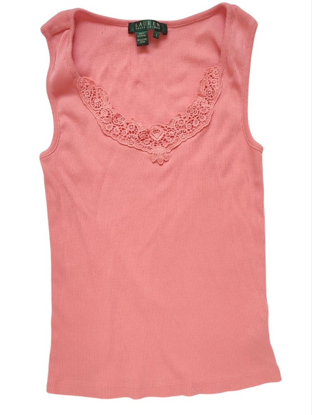Lauren Ralph Lauren Coral/Pink Ribben Tank Top W/Lace Trim Size S 100% Cotton